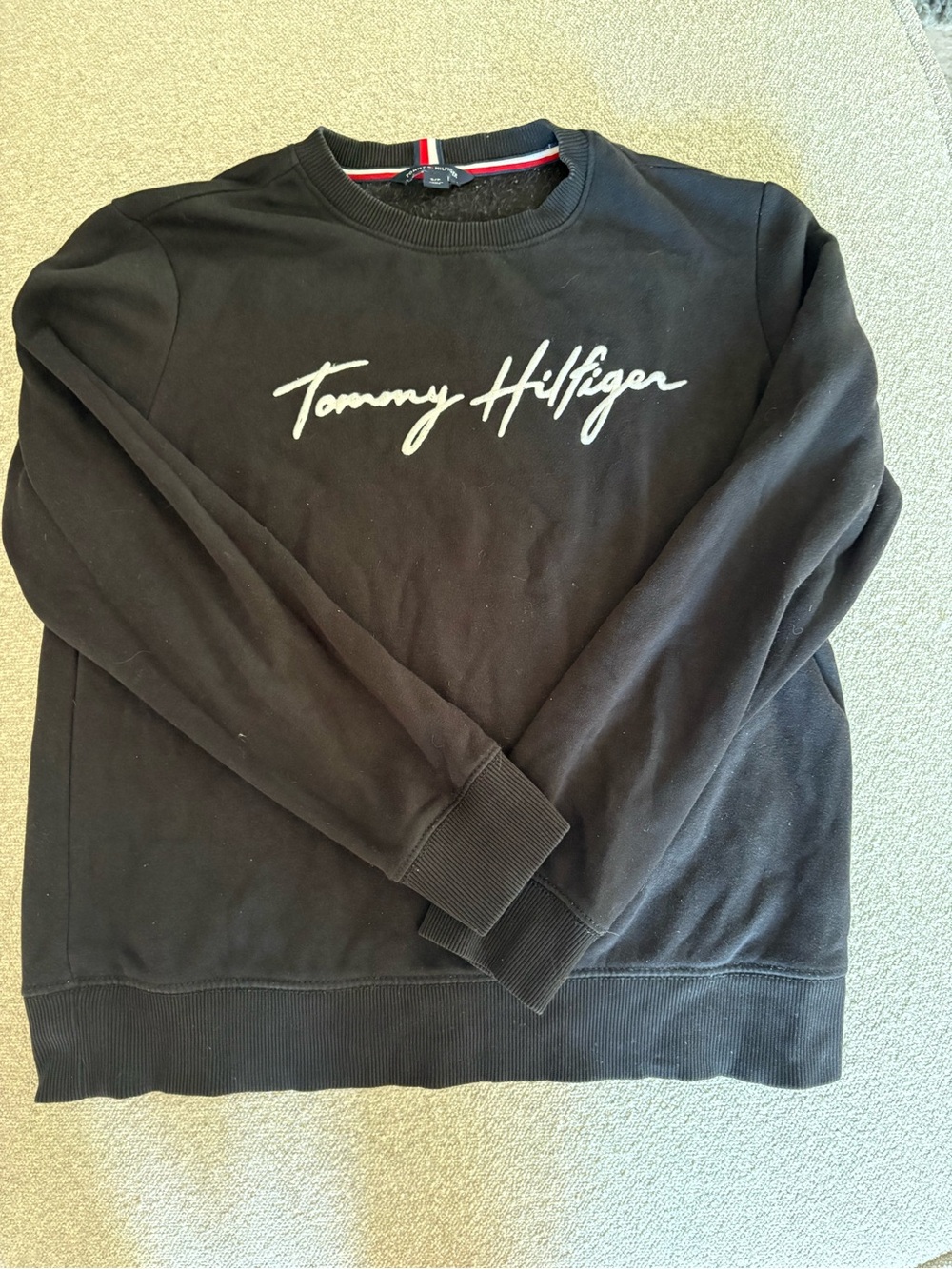 Tommy Hilfiger Black Crewneck Sweater with White Script Logo